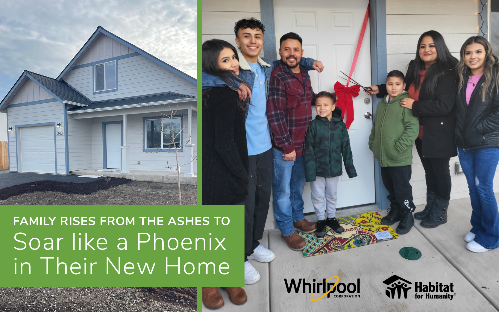 Image shows family next to their new home